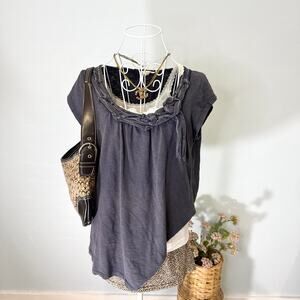 Vintage y2k navy blue babydoll floral neck flowy blouse top